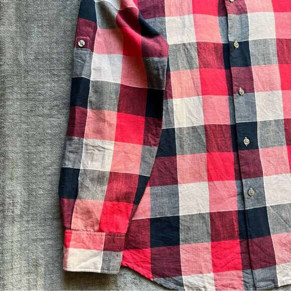 Perry Ellis Sz M Linen Cotton Blend Plaid Red Long Sleeve Shirt Button Down - Picture 9 of 14